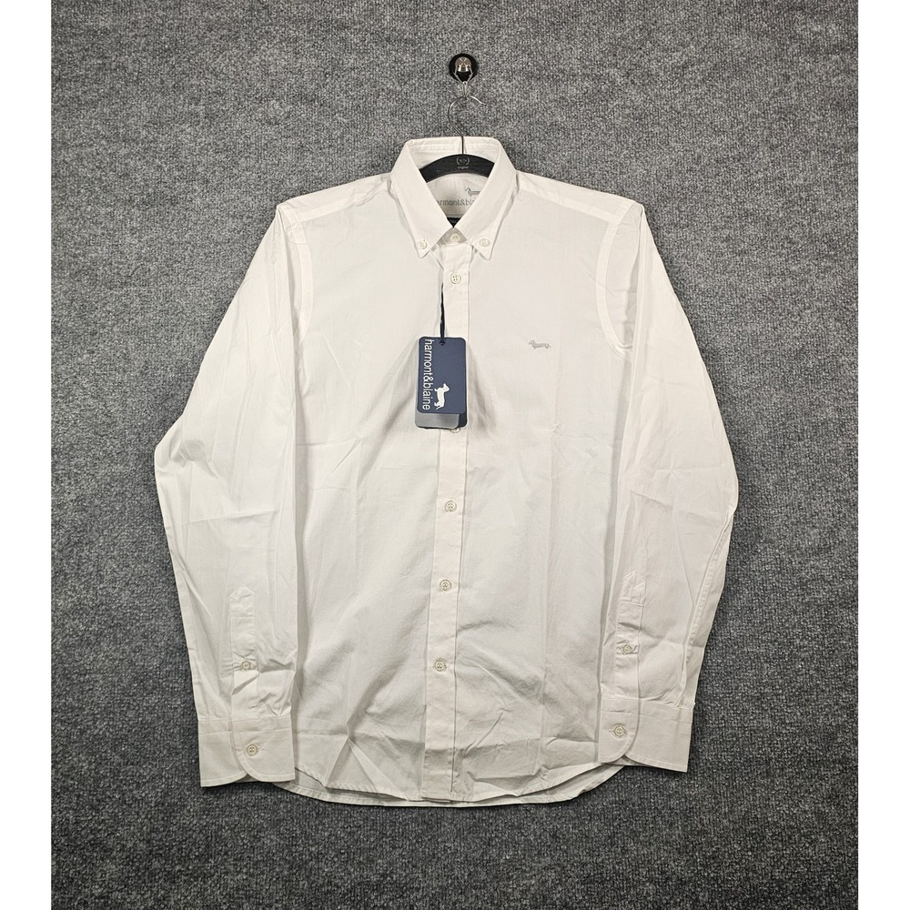HARMONT & BLAINE Regular Fit Button Down Shirt Men's Small White Dachshund Logo